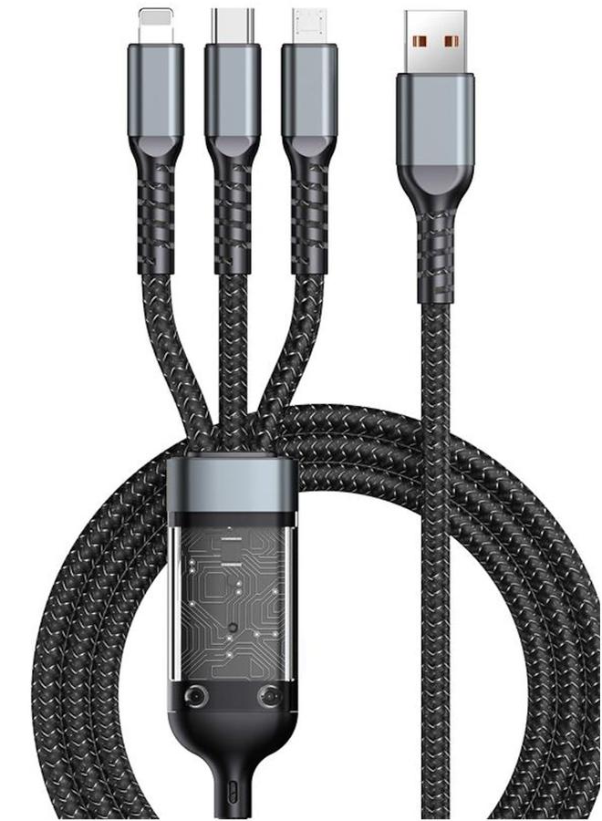 بروماس كابل شحن ونقل بيانات أصلي مغطى بالنايلون 3 في 1 متوافق مع جميع الأجهزة iPhone Huawei Samsung Xiaomi اللون الأسود - Image 1