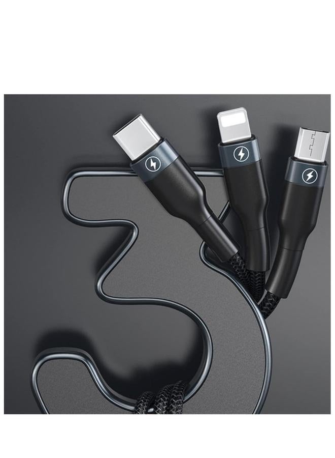 بروماس كابل شحن ونقل بيانات أصلي مغطى بالنايلون 3 في 1 متوافق مع جميع الأجهزة iPhone Huawei Samsung Xiaomi اللون الأسود - Image 3