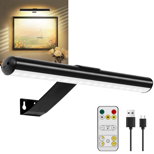 TINTINDOC Picture Light Battery,Brightness Dimmable Timer Setting,Rechargeable Painting Light for Pictures Display Art on Wall with 3 Colors Lighting Remote,Used for Frames Dartboard Portrait - Image 1