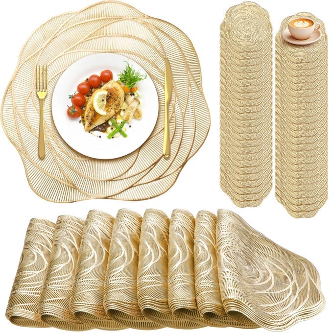48 SET 15 INCH ROUND PRESSED VINYL PLACEMATS HOLLOW OUT ROSE PLACEMAT SET METALLIC SLIP RESISTANT PLACE MAT COASTER INCLUDING PLACE MATS AND COASTERS FOR WEDDING DINING KITCHEN GOLD