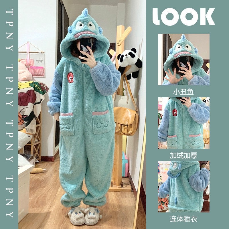 Trendy Plush Velvet One-Piece Pajamas Clownfish Shark Bib Bear Thickened Available For Dropshipping - Image 2