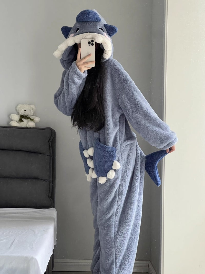 Trendy Plush Velvet One-Piece Pajamas Clownfish Shark Bib Bear Thickened Available For Dropshipping - Image 1