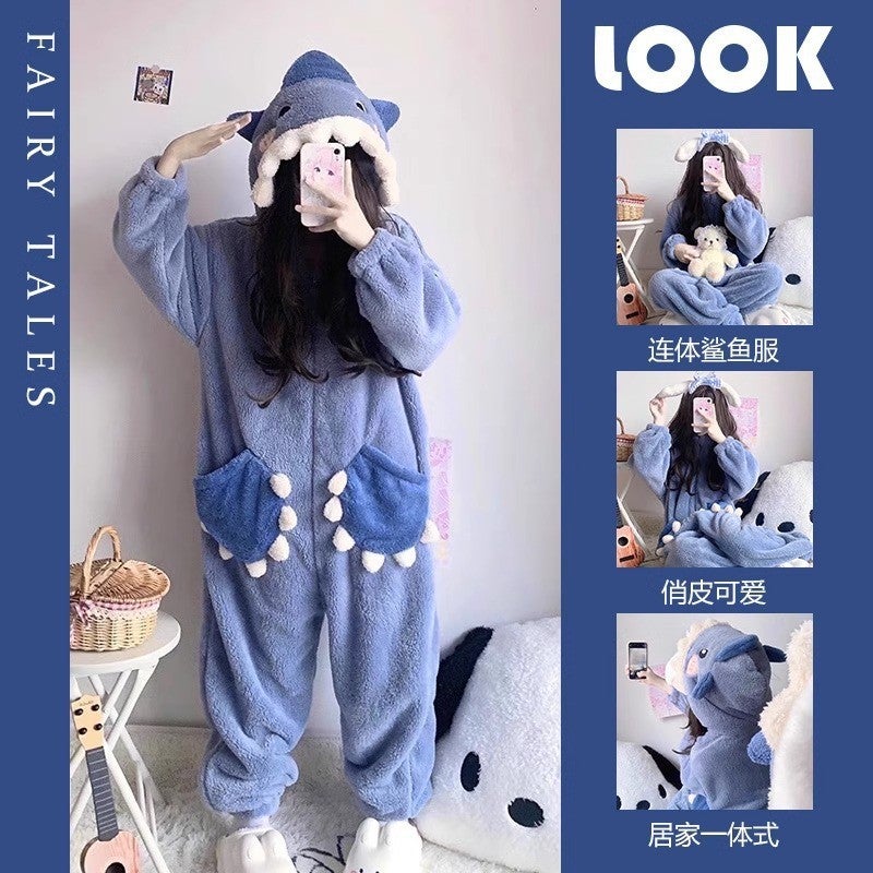 Trendy Plush Velvet One-Piece Pajamas Clownfish Shark Bib Bear Thickened Available For Dropshipping - Image 3