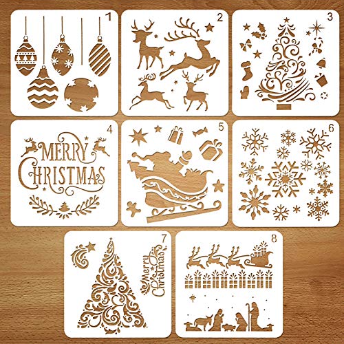 Coogam 8 Pcs Christmas Stencils Template - Reusable Plastic Craft for Art Drawing Painting Spraying Window Glass Door Car Body Wood Journaling Scrapbook Holiday Xmas Snowflake DIY Decoration 5x5 inch - Image 1
