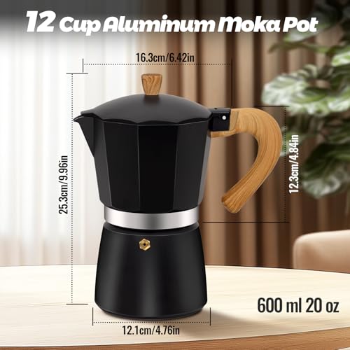 Vaolvpant 12 Cup Aluminum Moka Pot Classic Stovetop Espresso Coffee Maker 600ml 20oz Coffeemaker Percolator Mocha Pot Greca Coffee Maker Cafe Makers for Italian and Cuban Caf Brewing Black - Image 3
