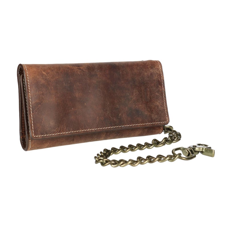 CTM Men's Crazy Horse Leather RFID Long Trifold Chain Wallet, Brown - Image 2