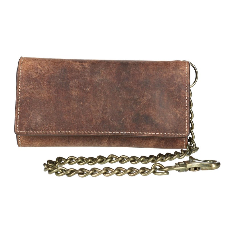 CTM Men's Crazy Horse Leather RFID Long Trifold Chain Wallet, Brown - Image 1
