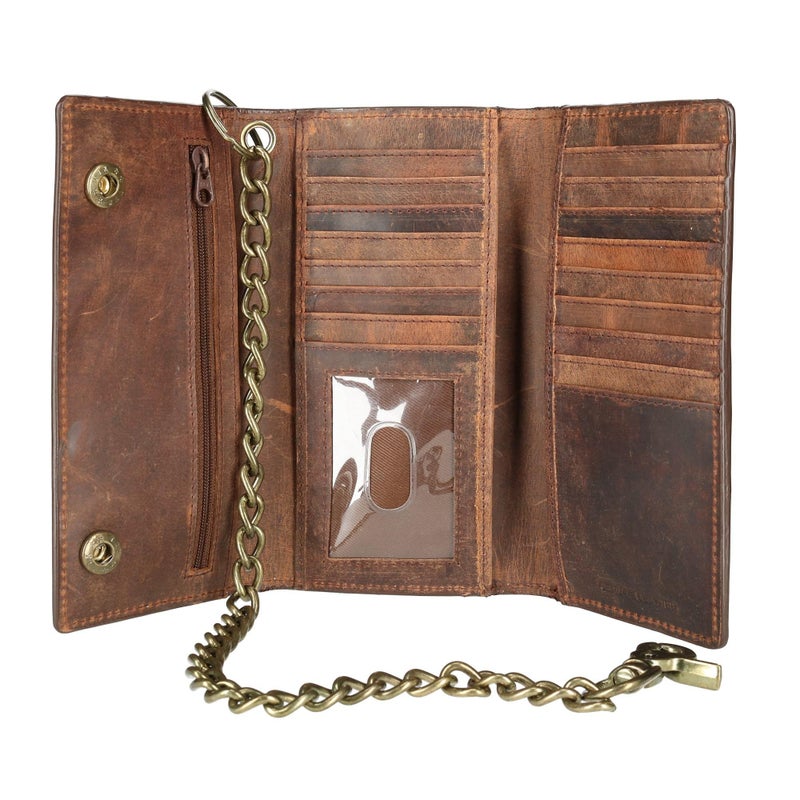 CTM Men's Crazy Horse Leather RFID Long Trifold Chain Wallet, Brown - Image 3
