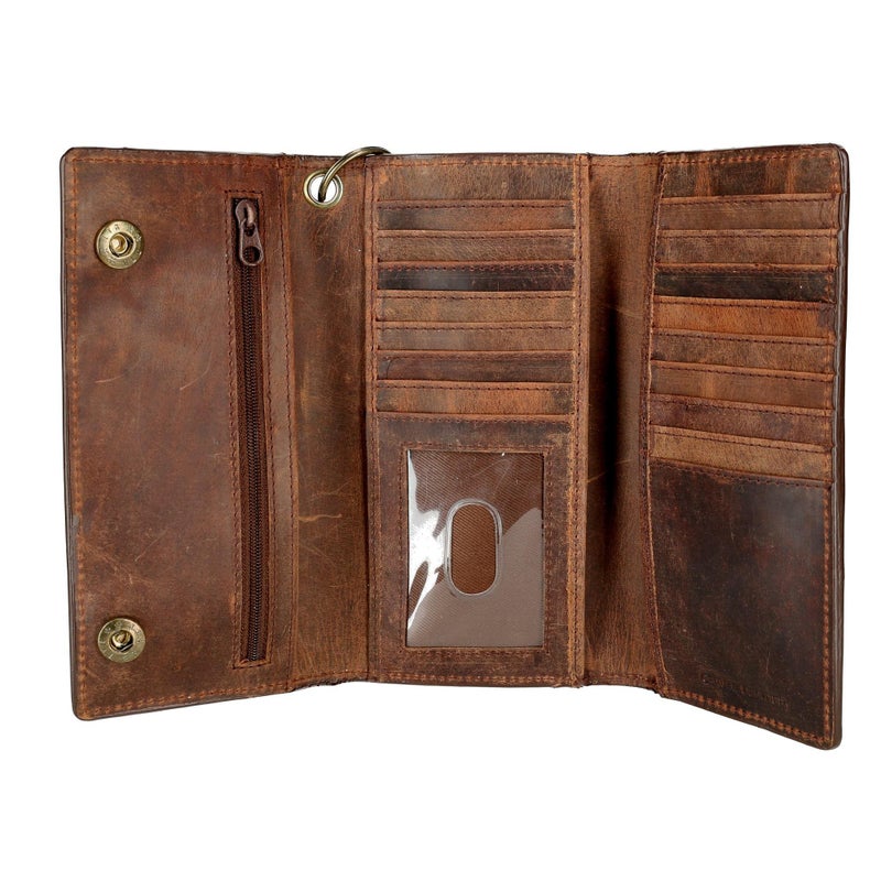 CTM Men's Crazy Horse Leather RFID Long Trifold Chain Wallet, Brown - Image 4