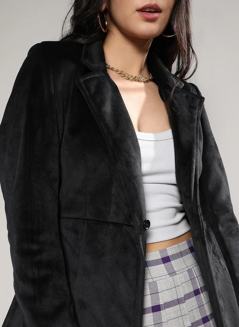 Campus Sutra Women's Black Single-Breasted Blazer With Power Shoulders