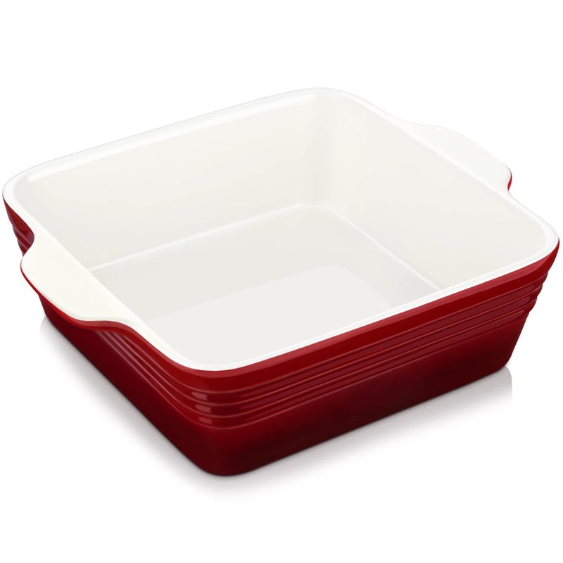 LOVECASA 8x8 inch Baking Pan 2 Quart Square Cake Pan Baking Dish for Oven Stoneware Brownie Pan NonStick Casserole Baking Pan with HandleCeramic Bread Pans for Baking Red