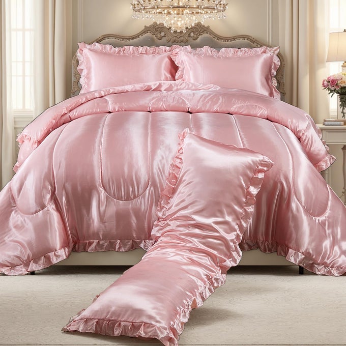 SATIN QUEEN COMFORTER SET SILK LIKE SATIN BEDDING SET HOTEL SOFT POLYESTER PINK BED SET LUXURY SILKY PILLOW COVER WITH QUILT SET RUFFLE DOWN COMFORTER HOME DECOR