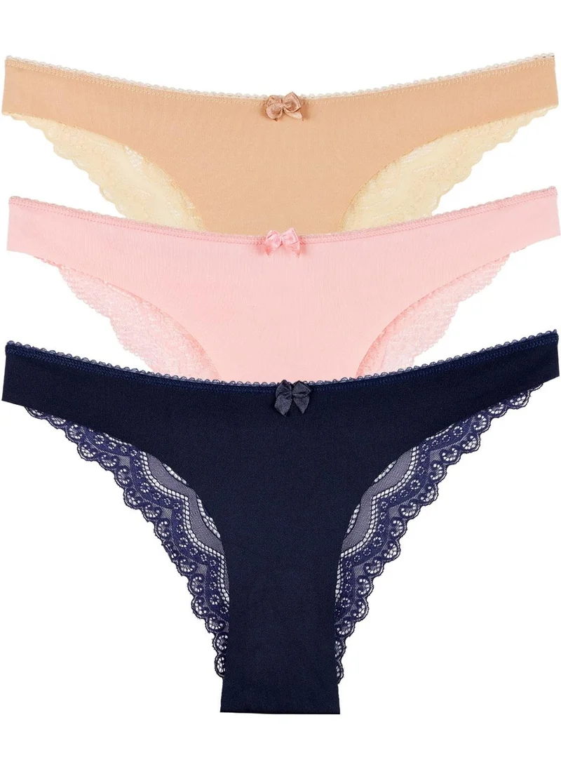 Sensu Women Laser Cut Brazilian Model Lace Detail 3 Piece Panties Set - Kts3106