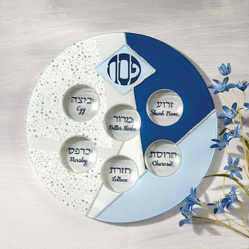 Rite Lite Blue Glass Passover Seder Plate with Silver Glitter Accents For Pesach - Image 2