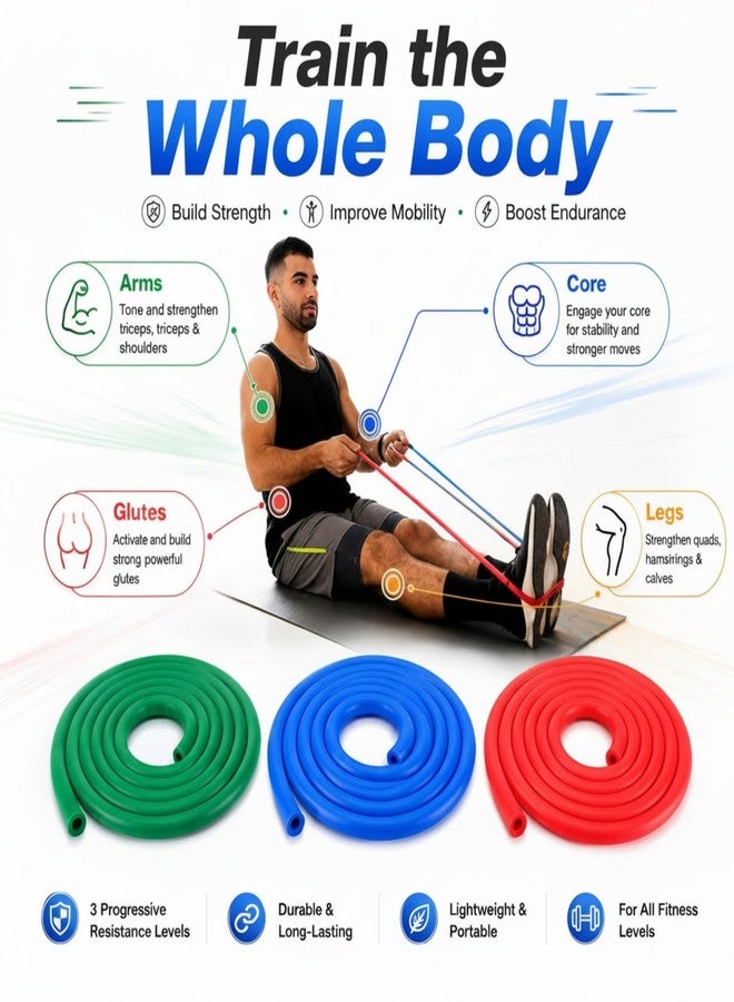 Wesnoy 3 Roll Resistance Tube Bands, Heavy Duty Exercise Bands Light Medium Heavy, 10ft Long Latex Workout Tubing for Strength Training, Lower Pilates, Home Gym Fitness - Image 3