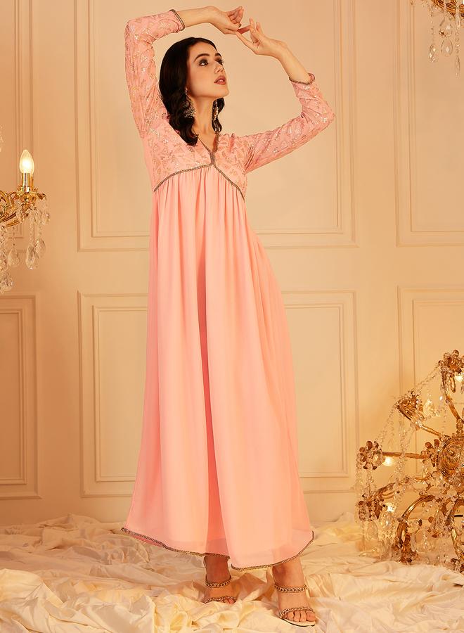 Indo Street Peach Embellished Sequined Empire Ethnic Maxi Dress - Image 1