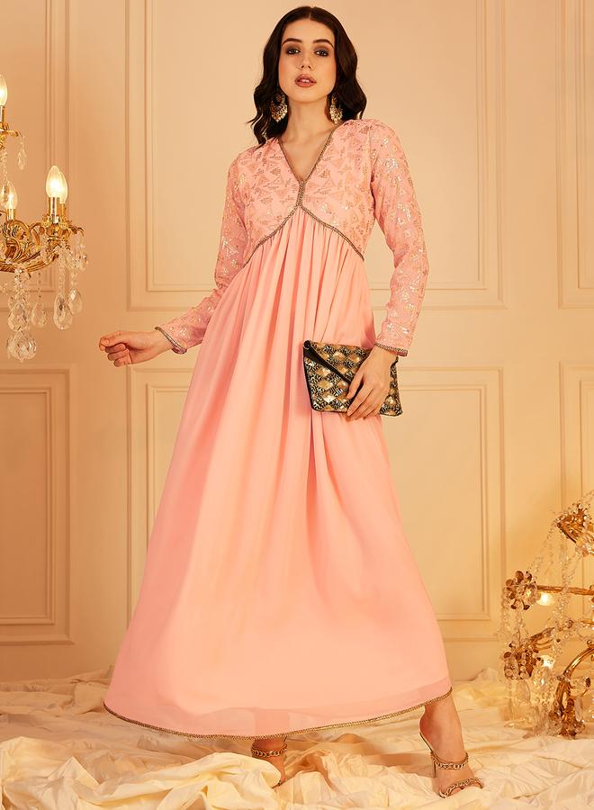 Indo Street Peach Embellished Sequined Empire Ethnic Maxi Dress - Image 5