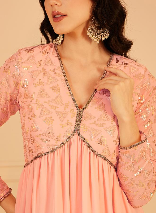 Indo Street Peach Embellished Sequined Empire Ethnic Maxi Dress - Image 3