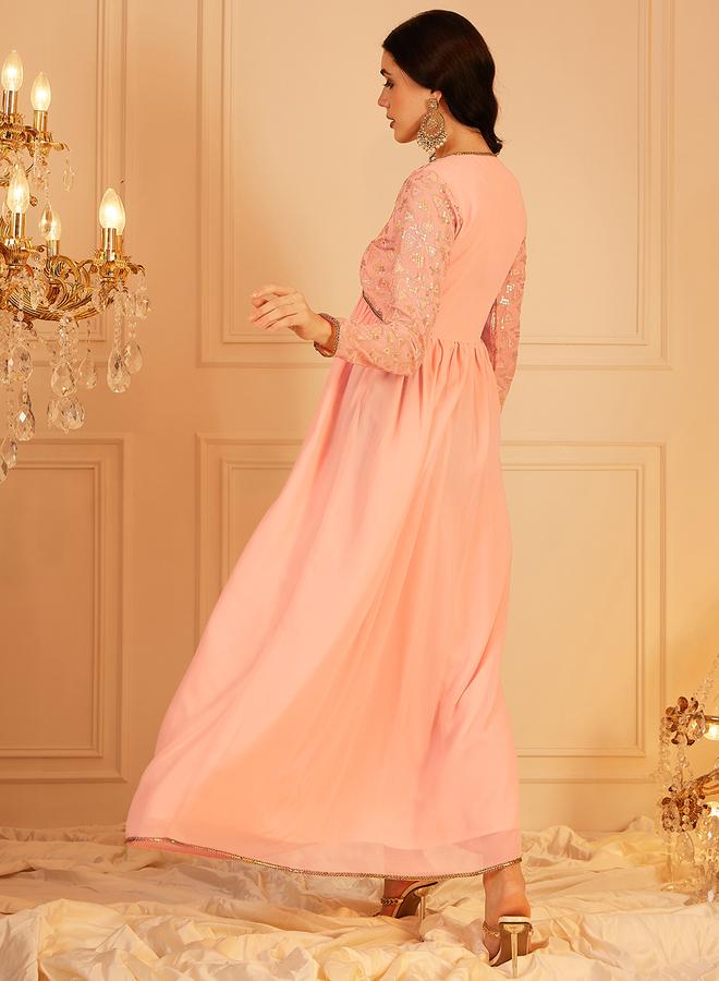 Indo Street Peach Embellished Sequined Empire Ethnic Maxi Dress - Image 4