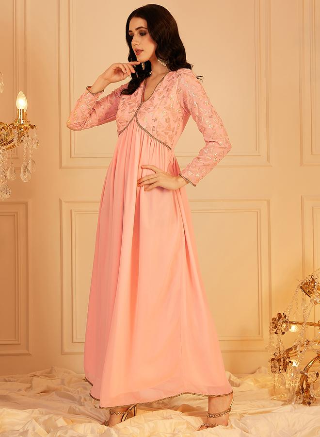 Indo Street Peach Embellished Sequined Empire Ethnic Maxi Dress - Image 2