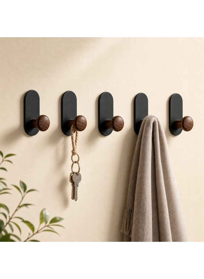 5pcs Walnut-Look Single Wall Hooks, Round Peg Hook Design, Entryway Bedroom Home Storage - Image 1