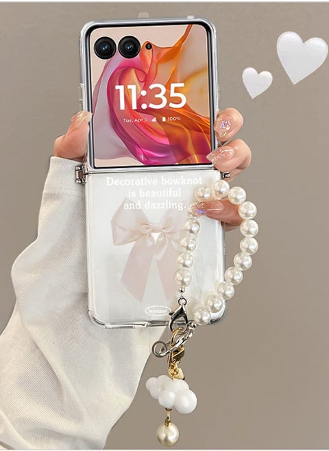 Motorola Razr 50 Ultra Case，Featuring A Pearl Bracelet And A Fully Wrapped, Drop Resistant With A Premium Silicone Ins Bow