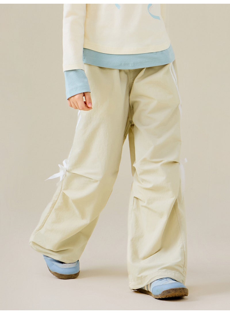 ميني بالا بنطلونات فتيات عريضة مناسبة للراحة، بوسط مرن، تفاصيل قوسة زينة، بطن قابل للتعديل، خفيفة ومريحة، مناسبة للارتداء اليومي والأنشطة الخارجية بنطلونات - Image 1