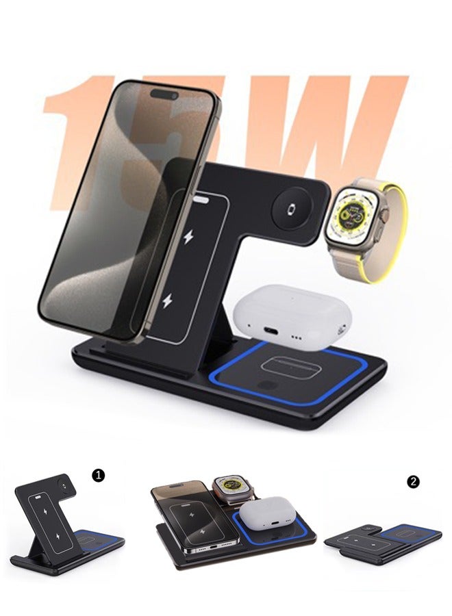 3 in 1 Wireless Charger Foldable Pad, 15W Fast Magnetic All in One Travel Charging Station, for iPhone Series, for Apple Watch , for AirPods Pro (Black)
