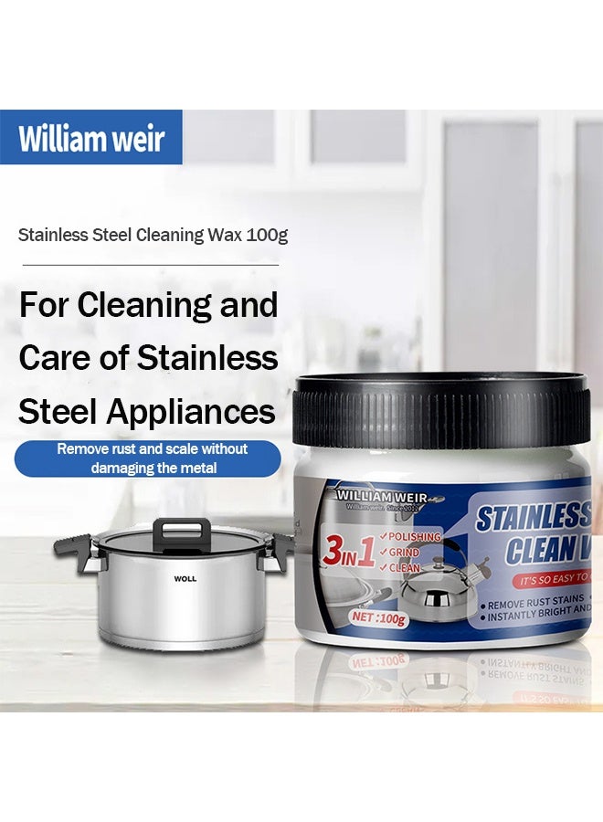 ويليام وير شمع منظف من الفولاذ المقاوم للصدأ 3 في 1 ، طحن تلميع متعدد الوظائف وكريم نظيف ، إزالة بقع الصدأ حرق الترسبات الكلسية لأحواض المطبخ صنابير أدوات الطهي 、 أسطح المواقد 、 الثلاجات والأجهزة المنزلية 100 جرام - Image 2