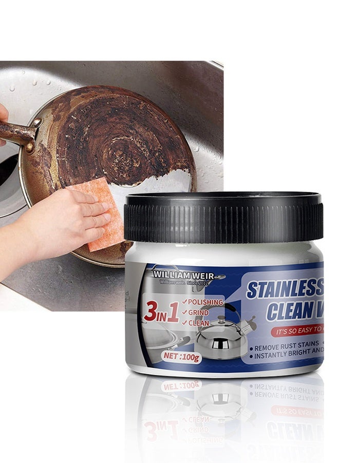 ويليام وير شمع منظف من الفولاذ المقاوم للصدأ 3 في 1 ، طحن تلميع متعدد الوظائف وكريم نظيف ، إزالة بقع الصدأ حرق الترسبات الكلسية لأحواض المطبخ صنابير أدوات الطهي 、 أسطح المواقد 、 الثلاجات والأجهزة المنزلية 100 جرام - Image 1