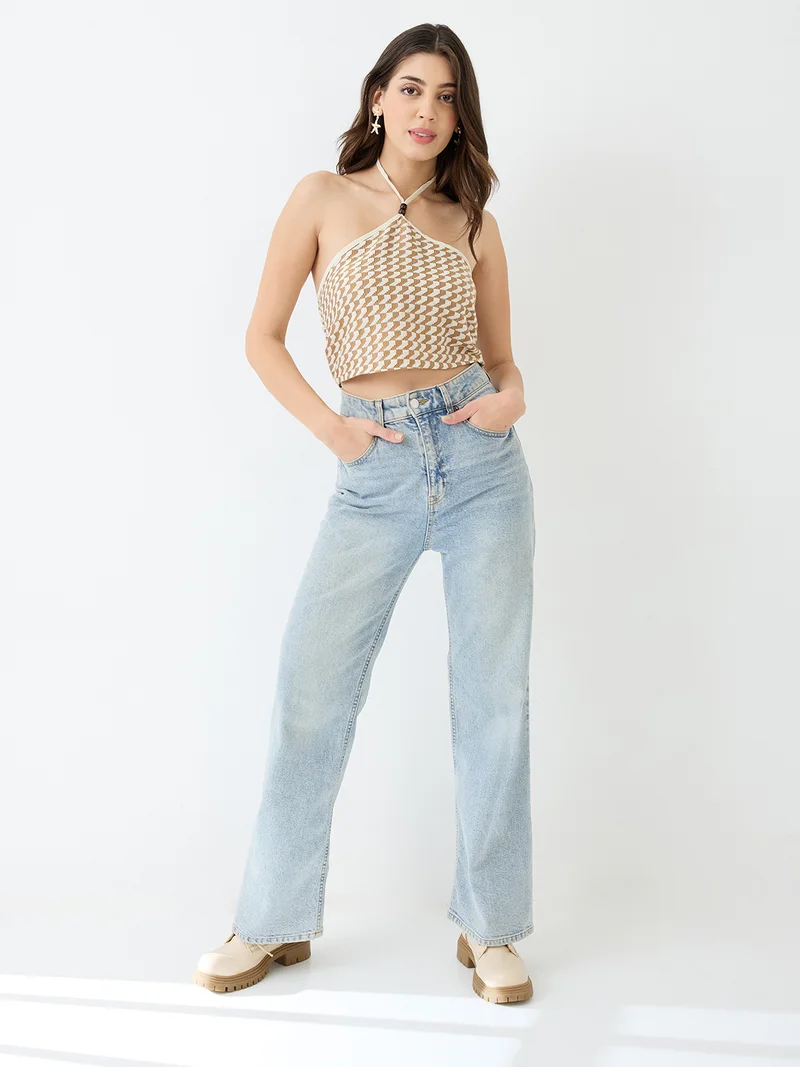 globus Women Brown Halter Neck Backless Crochet Crop Top