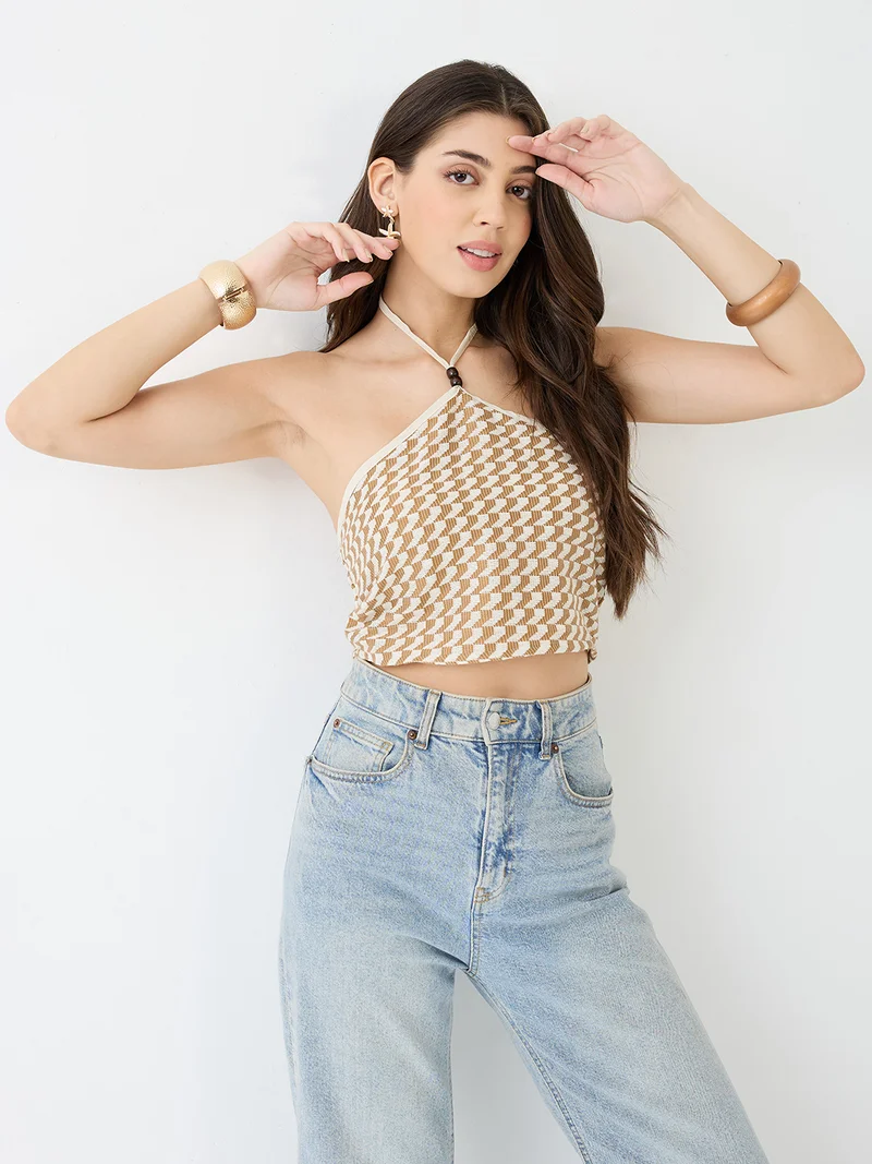 globus Women Brown Halter Neck Backless Crochet Crop Top