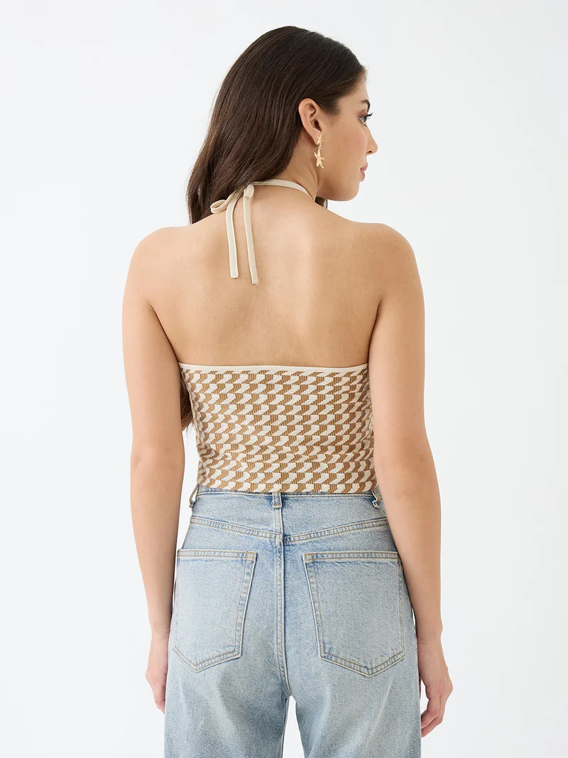 globus Women Brown Halter Neck Backless Crochet Crop Top