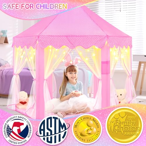 EVOIONOS Princess Tent for Girls Kids Play Tent with LED Star Lights Castle Playhouse for Children Indoor Outdoor Games 55X53 inches Pink - Image 5