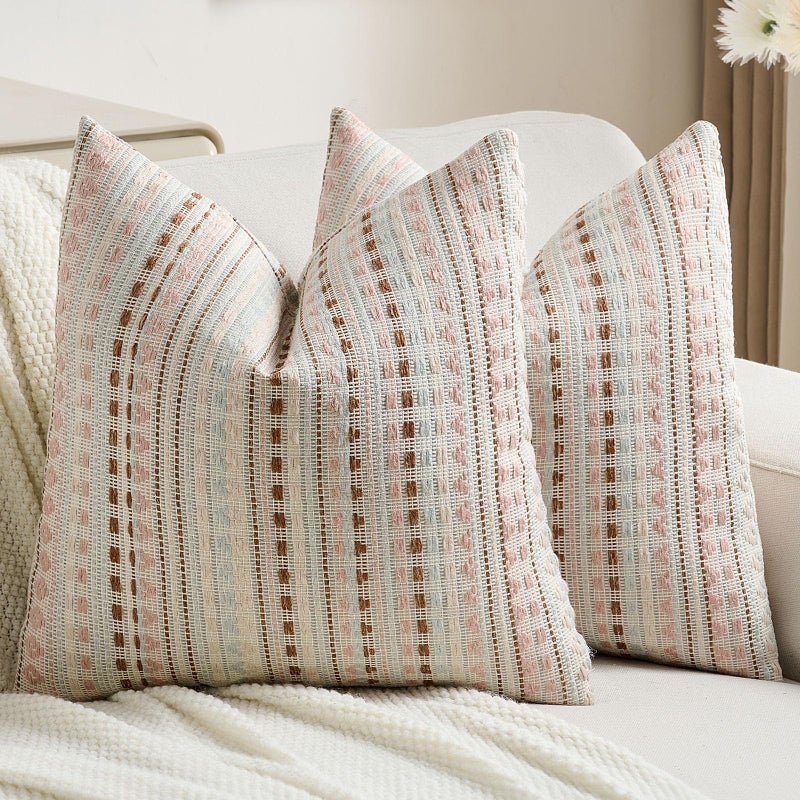 FUTEI Pink Blue Decorative Throw Pillow Covers 18x18 Inch Set of 2,Soft Cozy Chenille Jacquard Textured Cushion Case,Boho Home Decor for Couch Bed Living Room - Image 1