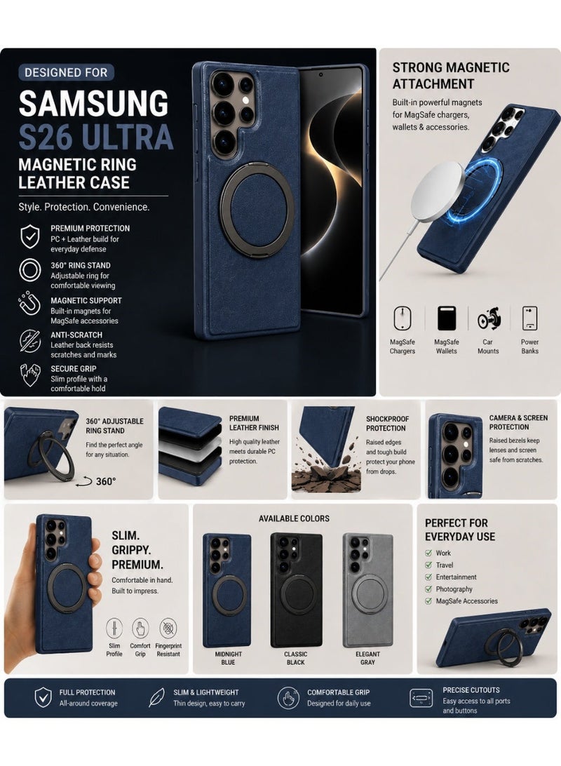 NOVA TECH Samsung Galaxy S26 Ultra Ring Stand Leather Case, Magnetic Shockproof Cover with Kickstand Holder - Image 2