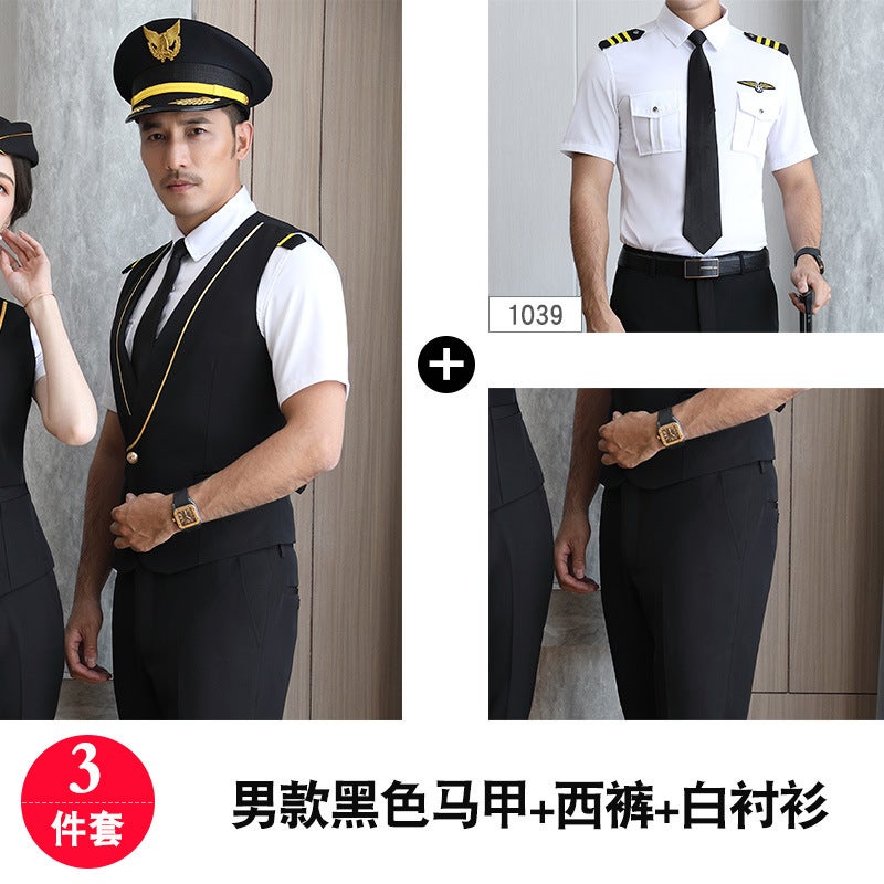 [Vocational College] Three-piece Set of Summer Short-sleeved Vest for Male and Female Dress Professional suit Male "black vest trousers white shirt]
