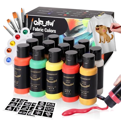 Colorful طلاء قماش دائم ملون، 14 لون طلاء قماش ناعم في زجاجات (30مل/1أوقية) مع فرش، لوحة ألوان، طلاء نسيجي غير سام للفنون والحرف الإبداعية على الملابس، القمصان، الأحذية - Image 1
