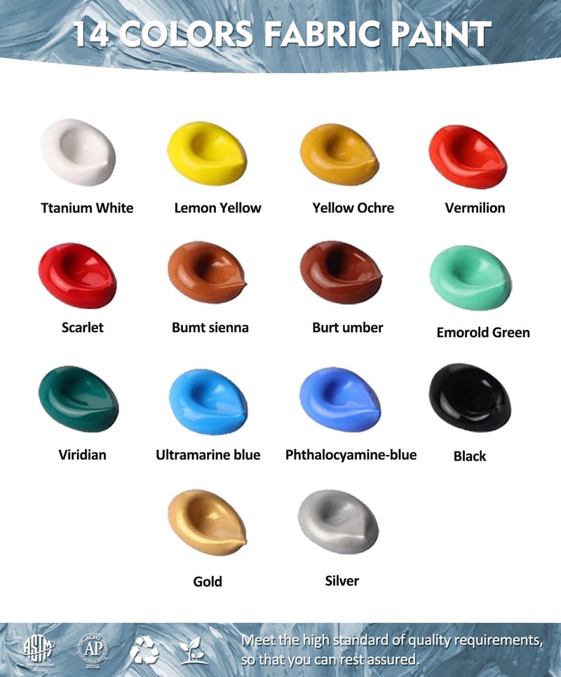 Colorful طلاء قماش دائم ملون، 14 لون طلاء قماش ناعم في زجاجات (30مل/1أوقية) مع فرش، لوحة ألوان، طلاء نسيجي غير سام للفنون والحرف الإبداعية على الملابس، القمصان، الأحذية - Image 2