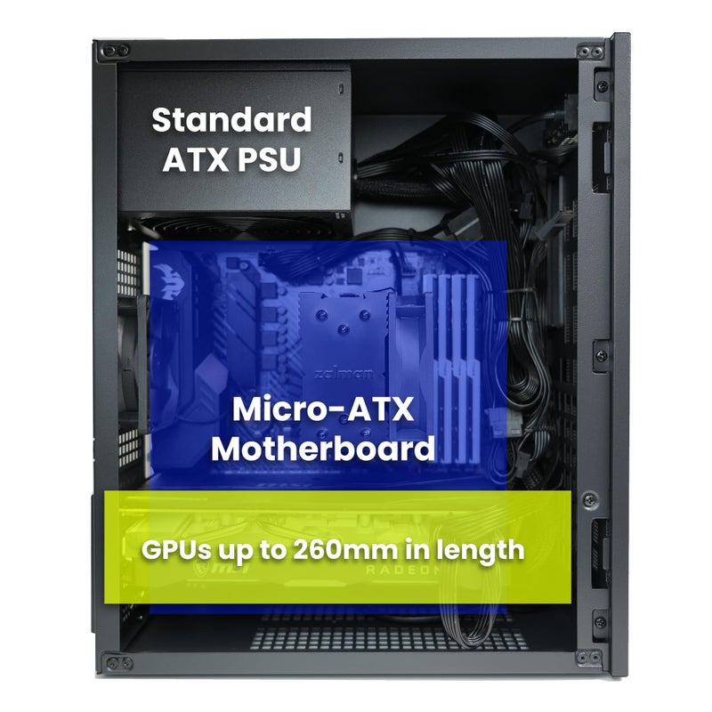 ZALMAN صندوق كمبيوتر زالمان كيوبيكس ميني تاور المدمج mATX، هيكل فولاذي ثقيل 0.8T، هيكل صغير Micro-ATX DTX ITX SFF SFX HTPC مع USB 3.0، مروحة مثبتة مسبقًا بحجم 80 مم، يناسب مزود الطاقة ATX، أسود - Image 4