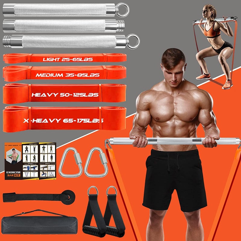 Detachable Resistance Band Bar Set for Home Gym 500LBS Capacity with 4 Stackable Bands Door Anchor Workout Guide