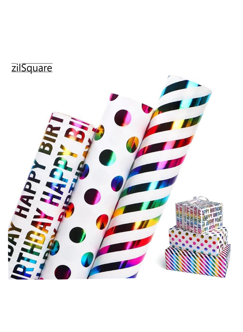 zilSquare Birthday Wrapping Paper Rolls 3 Rolls 43cm x 3m Each Thick Colorful Gift Wrap Paper Set for Kids Boys Girls Baby Shower Holidays Premium Unisex Present Wrap Cute Party Wrapping Sheets Decorative Festive Gift Wrap for Celebrations Toddlers. - Image 1