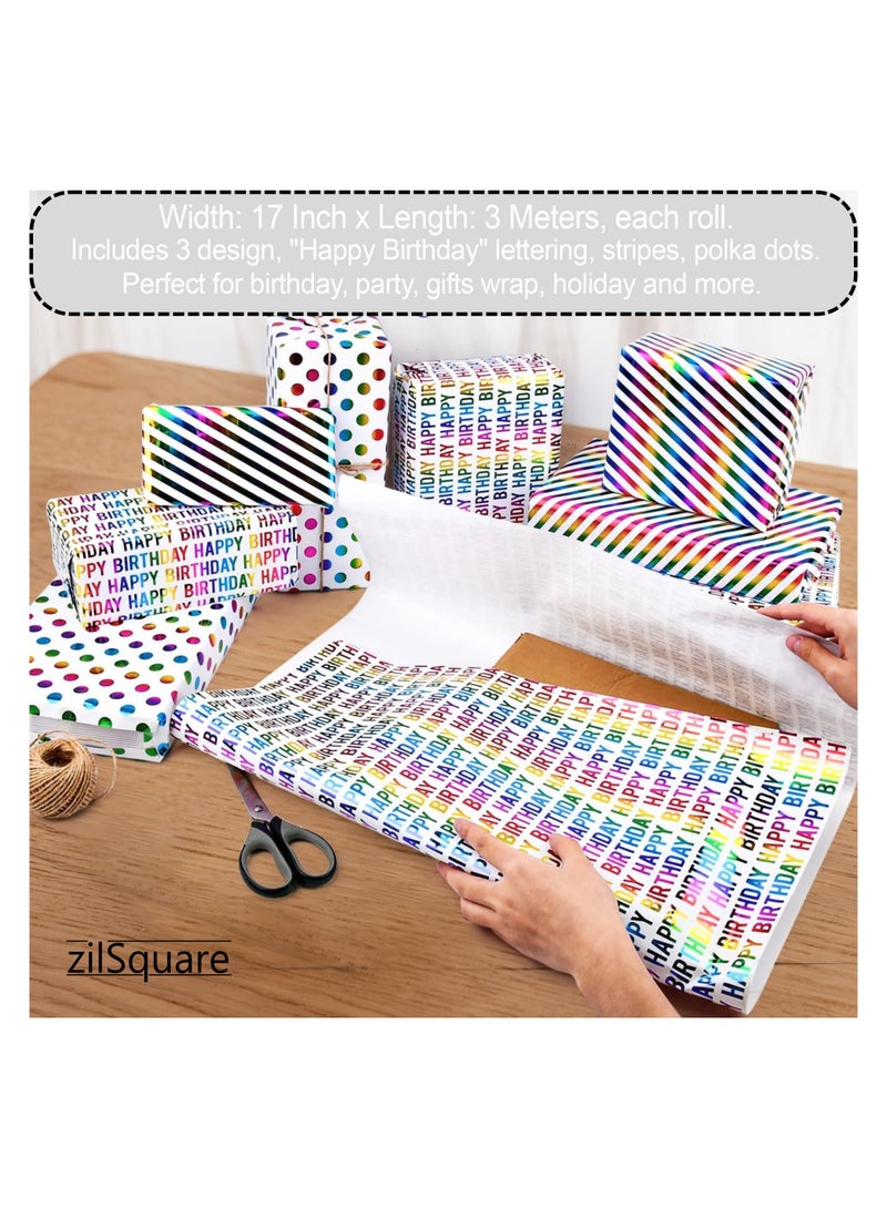 zilSquare Birthday Wrapping Paper Rolls 3 Rolls 43cm x 3m Each Thick Colorful Gift Wrap Paper Set for Kids Boys Girls Baby Shower Holidays Premium Unisex Present Wrap Cute Party Wrapping Sheets Decorative Festive Gift Wrap for Celebrations Toddlers. - Image 3