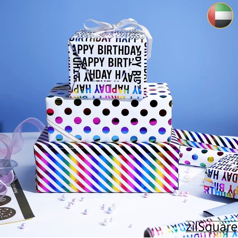 zilSquare Birthday Wrapping Paper Rolls 3 Rolls 43cm x 3m Each Thick Colorful Gift Wrap Paper Set for Kids Boys Girls Baby Shower Holidays Premium Unisex Present Wrap Cute Party Wrapping Sheets Decorative Festive Gift Wrap for Celebrations Toddlers. - Image 2