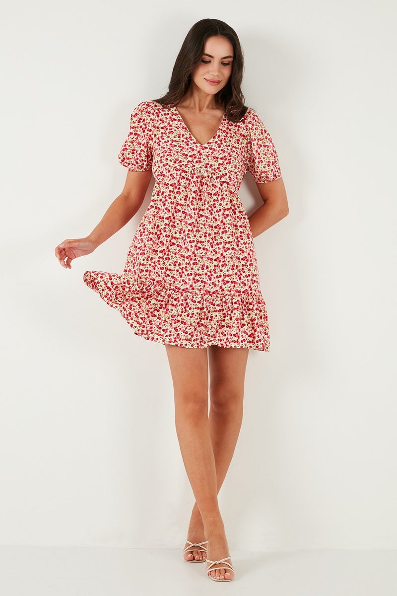 Lela Regular Fit V Neck Balloon Sleeve Patterned Mini Dress Women's Dress 67810045  - Image 3
