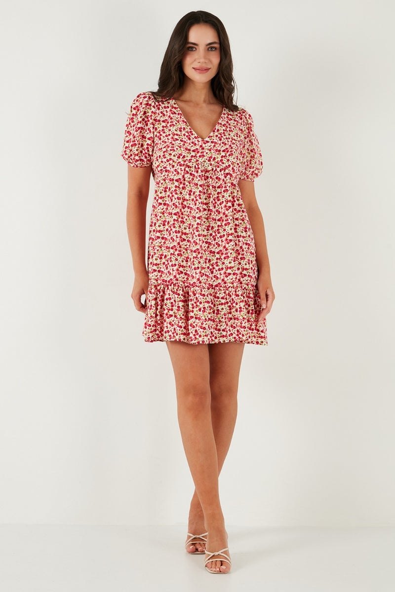 Lela Regular Fit V Neck Balloon Sleeve Patterned Mini Dress Women's Dress 67810045  - Image 5