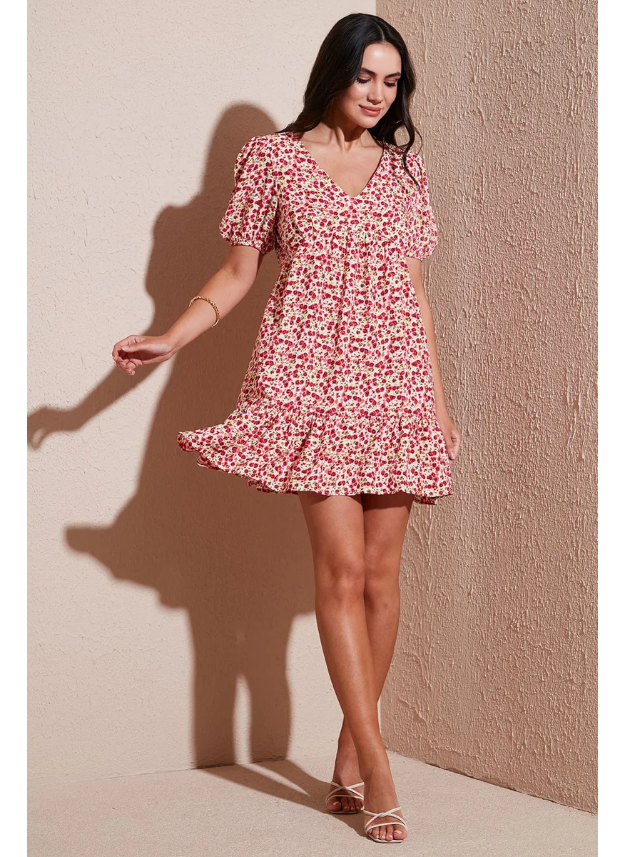 Lela Regular Fit V Neck Balloon Sleeve Patterned Mini Dress Women's Dress 67810045