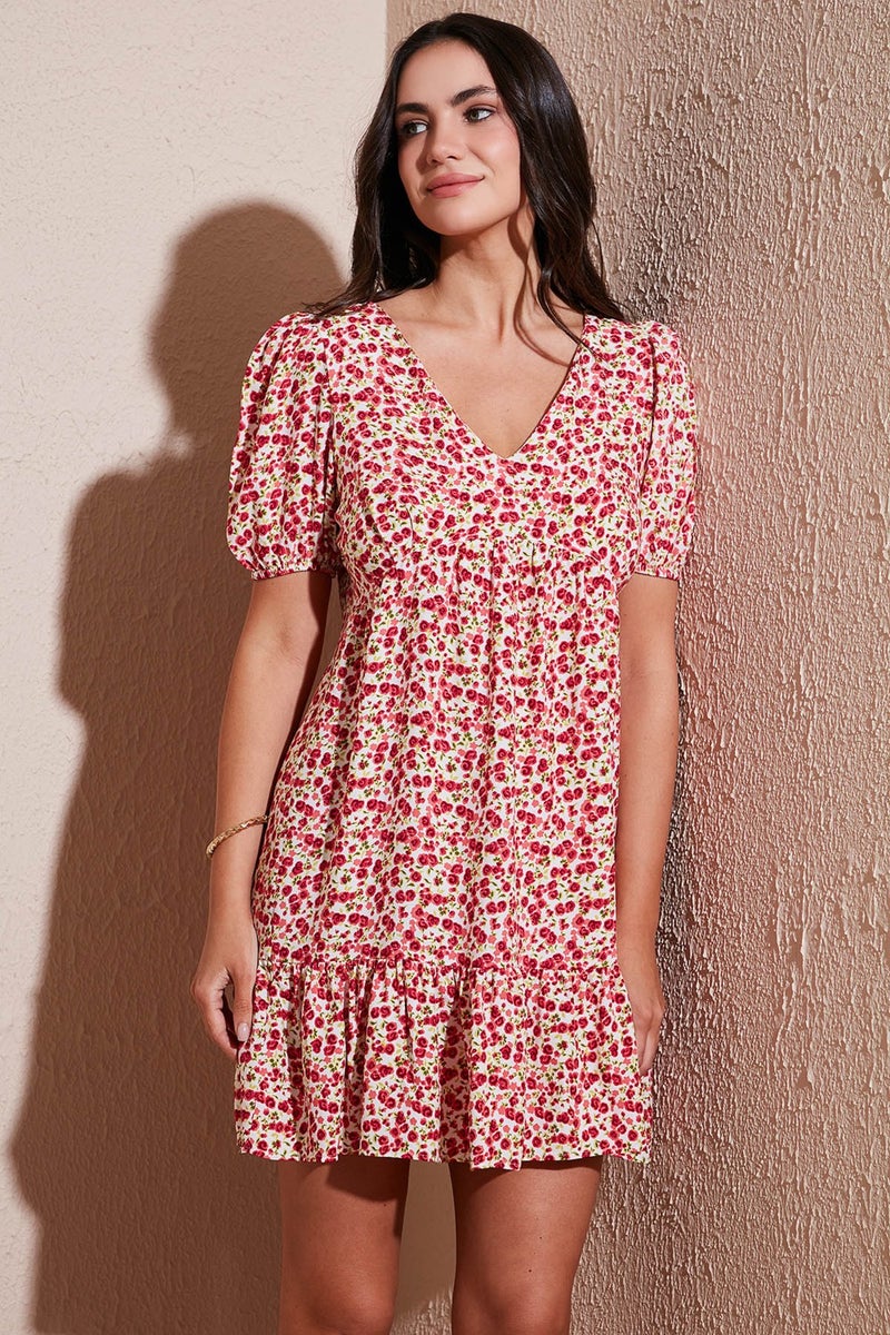Lela Regular Fit V Neck Balloon Sleeve Patterned Mini Dress Women's Dress 67810045  - Image 2