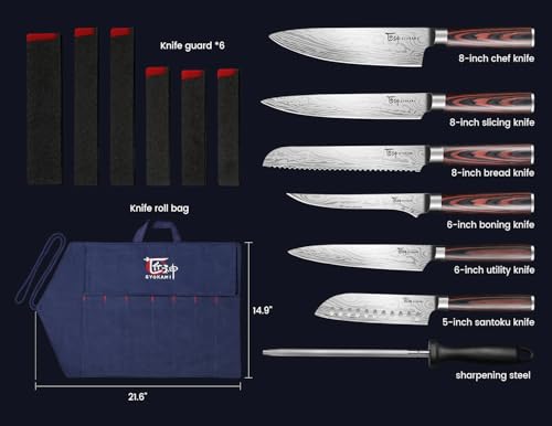 SYOKAMI 14pcs Chef Knife Set with Roll Bag, Professional Stainless Steel Japanese Knife Set with Pakkawood Handle for Professional Chef, Camping, Travel, BBQ, RV or Gift - Image 5