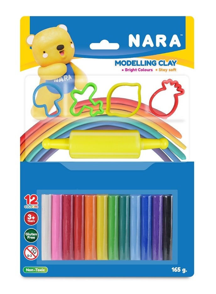 Nara Modelling clay in blister card,12 Colors, 12 round sticks of clay + 4 small cutters + 1 rolling roller 